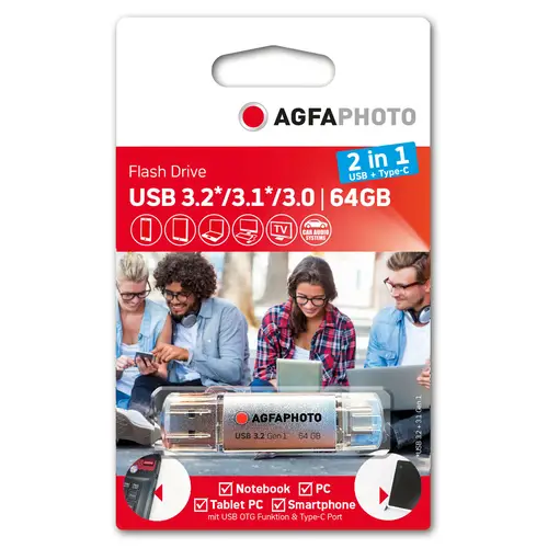 AgfaPhoto USB-Stick 64GB, USB 3.0 2in1 (USB+Type-C) silber (15/45MBs)