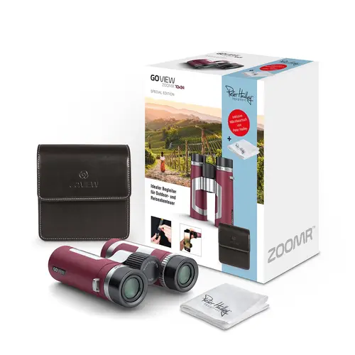 GoView ZOOMR 10x34 Ruby red Special Edition Fernglas mit Peter Hadley Tuch