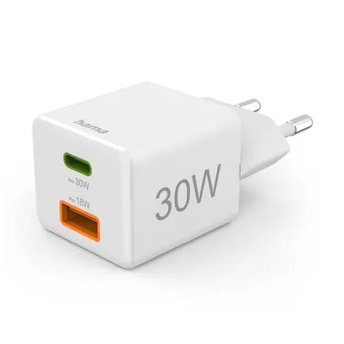 Hama 30W Schnellladegerät, 1x USB-C PD, 1x USB-A QC, Mini Ladegerät, weiß